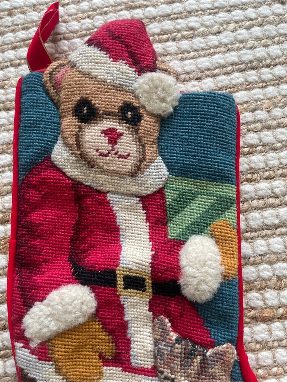 Vintage Needlepoint Stocking Santa Bear & Cat